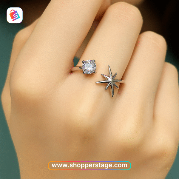 Silver Starburst & Solitaire Open Ring